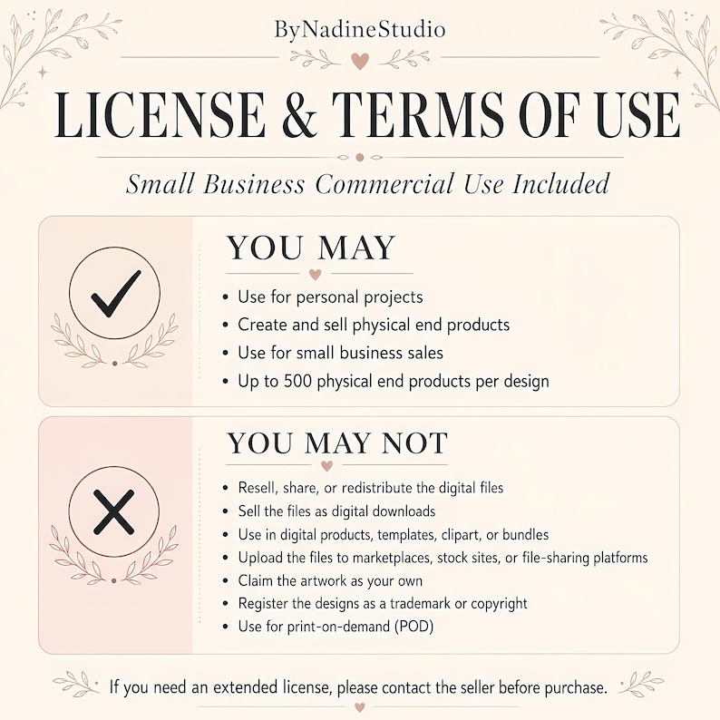 Pu&ograve; includere: Un grafico informativo beige intitolato LICENSE & TERMS OF USE di ByNadineStudio. Descrive le autorizzazioni per l'uso commerciale da parte di piccole imprese, elencando le attivit&agrave; consentite come progetti personali e la vendita di prodotti.