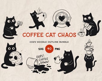 Pacchetto di clipart di gatti neri e caffè in formato SVG e PNG, set di illustrazioni di accoglienti caffè per gatti.