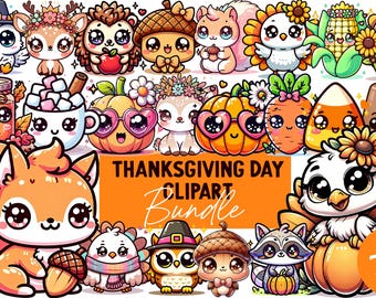 May include: A collection of 77 Thanksgiving Day clipart images. The illustrations feature cute cartoon animals, pumpkins, and food items in a vibrant, colorful style. The text "Thanksgiving Day Clipart Bundle" is displayed in orange.
