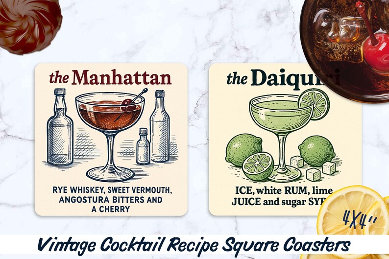 May include: Square coasters with vintage cocktail recipes. One coaster features a Manhattan cocktail with rye whiskey, sweet vermouth, bitters, and a cherry. The other shows a Daiquiri with rum, lime juice, and sugar syrup.