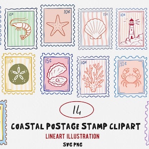Pode incluir: Uma coleção de 14 ilustrações de selos postais costeiros com motivos náuticos como âncora, camarão, estrela-do-mar, concha, farol, cavalo-marinho, peixes, bolacha-da-praia, ostra, coral, caranguejo, lagosta, gaivota e guarda-sol com texto.