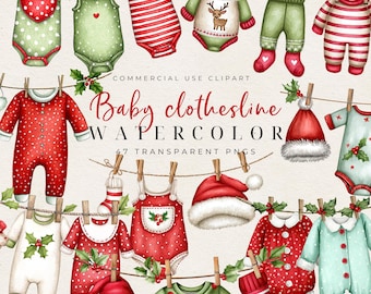 May include: Watercolor illustration of baby clothes hanging on a clothesline. The image features various garments in red, green, and white, including onesies, pants, and a Santa hat. The text "Baby clothesline watercolor" is visible.
