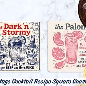 May include: Square coasters with vintage cocktail recipes. One coaster features a "Dark 'n Stormy" with ginger beer, dark rum, and lime juice. The other shows a "Paloma" with tequila and grapefruit juice. Each coaster is 4x4 inches.