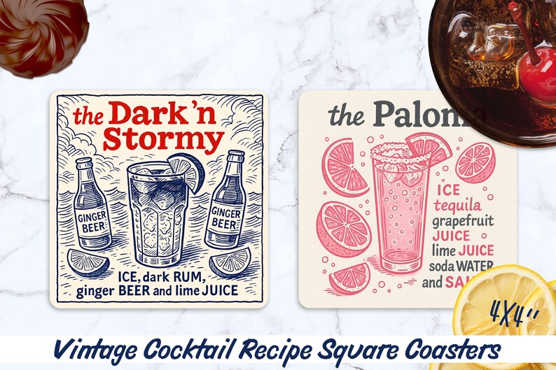May include: Square coasters with vintage cocktail recipes. One coaster features a "Dark 'n Stormy" with ginger beer, dark rum, and lime juice. The other shows a "Paloma" with tequila and grapefruit juice. Each coaster is 4x4 inches.