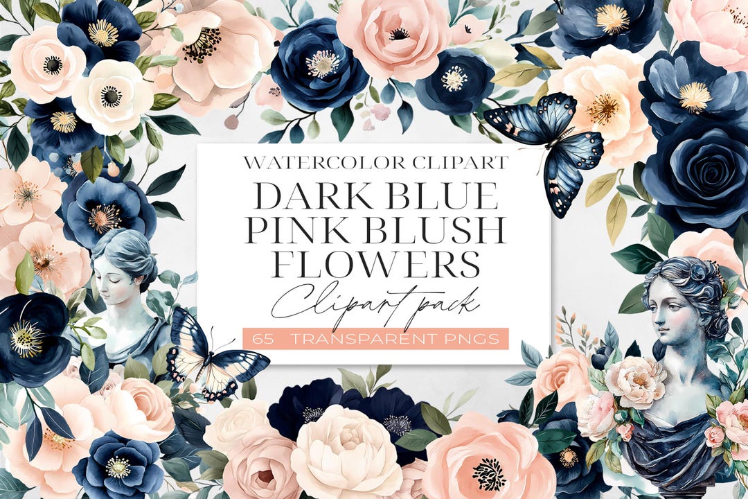 Watercolor Flower Clipart | Dark Blue & Blush Pink Floral PNG Bundle - Etsy