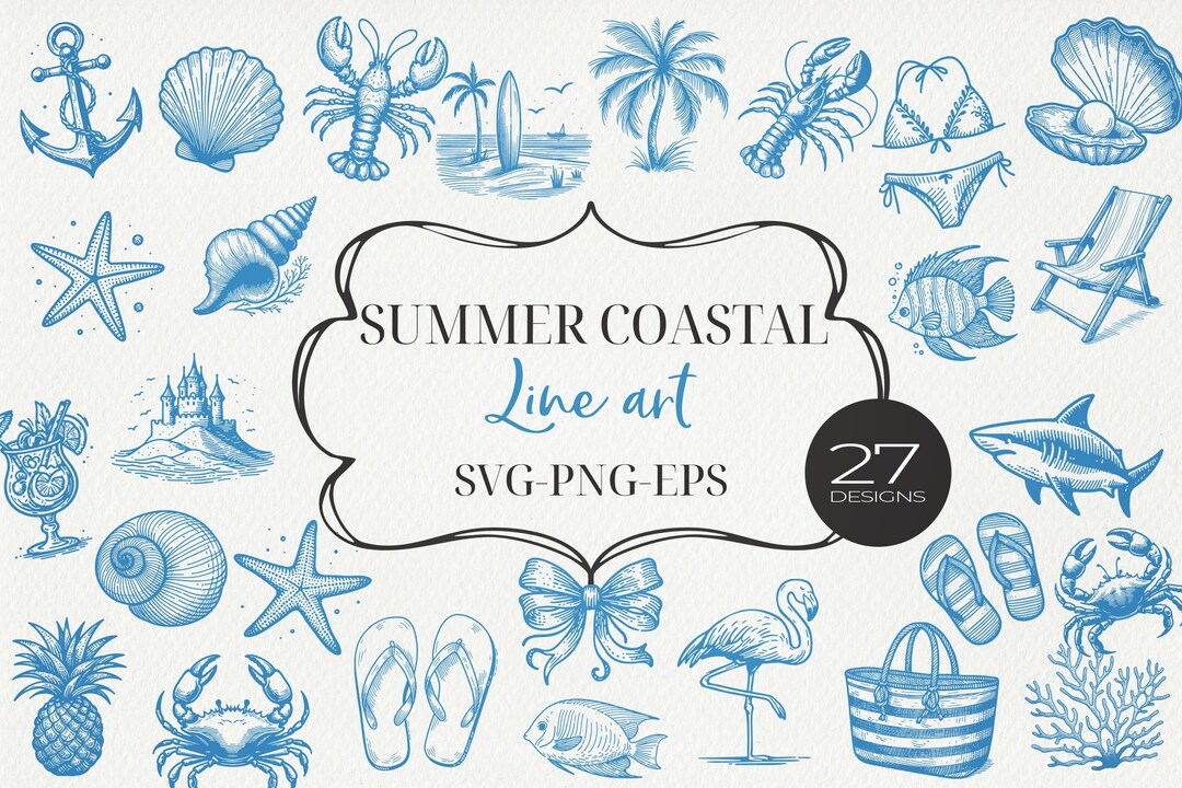 Summer Coastal SVG Bundle | Nautical Line Art Clipart | Beach Ocean PNG ...