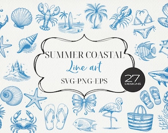 Pacchetto SVG costiero estivo / Clipart di linee nautiche / PNG di spiaggia e oceano