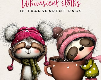 Pacchetto di clipart di bradipi invernali / Set di PNG di bradipi natalizi / Illustrazioni di animali per le feste