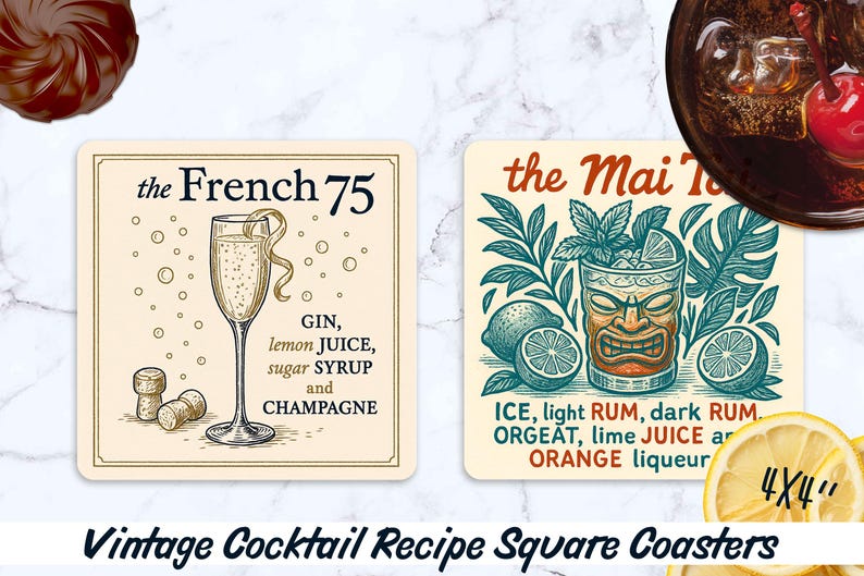 May include: Square coasters with vintage cocktail recipes. One coaster features a French 75 recipe with a champagne glass illustration. The other coaster has a Mai Tai recipe with a tiki glass illustration. Each coaster is 4x4 inches.