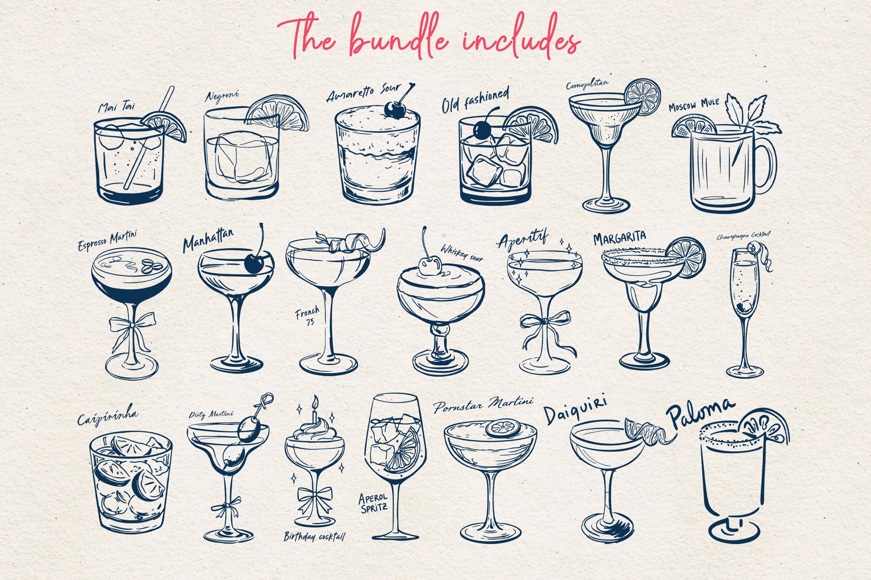 Cocktail Line Art Bundle | 20 Hand Drawn Drinks SVG PNG EPS - Etsy