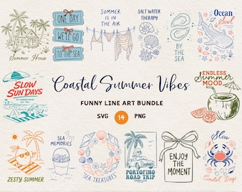 May include: A collection of line art illustrations with a coastal summer theme. Designs include beach scenes, seashells, and phrases like "Coastal Summer Vibes" and "Enjoy the Moment." The color palette is primarily blue, orange, and green.