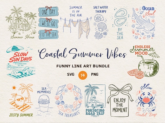 Coastal Summer Quotes SVG PNG Bundle, Beach Ocean Vacation Shirt Designs