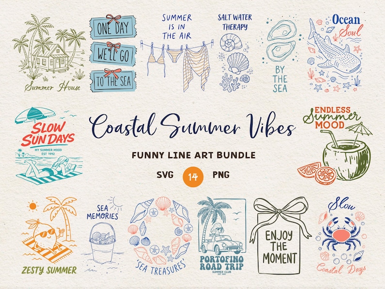 May include: A collection of line art illustrations with a coastal summer theme. Designs include beach scenes, seashells, and phrases like "Coastal Summer Vibes" and "Enjoy the Moment." The color palette is primarily blue, orange, and green.