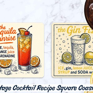 May include: Square coasters with vintage cocktail recipes. One coaster features a Tequila Sunrise with orange slices and a cherry. The other coaster shows a Gin Fizz with lemon slices. The coasters are 4x4 inches.