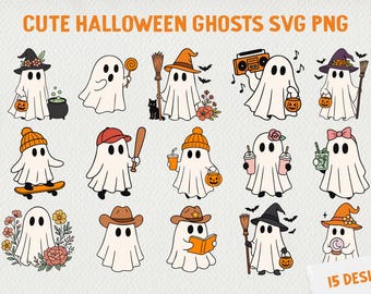 Cute Cartoon Ghost Clipart | Halloween PNG SVG EPS | Spooky Ghost Illustrations for Stickers, Shirts & Crafts