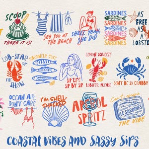 Könnte beinhalten: Eine Sammlung von zwanzig farbenfrohen digitalen Illustrationen mit Küsten- und Sommermotiven. Die Designs zeigen Zitronen, Eiscreme, Strandkleidung, Hummer, Sardinen, Krabben, Cocktails, Muscheln und Palmen mit verschiedenen verspielten Textphrasen.
