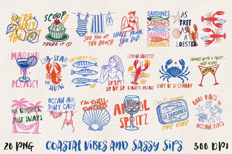 Pu&ograve; includere: Una collezione di venti illustrazioni digitali colorate con temi costieri ed estivi. I disegni includono limoni, gelati, abbigliamento da spiaggia, aragoste, sardine, granchi, cocktail, conchiglie e palme con varie frasi di testo giocose.