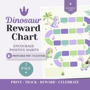 May include: A Dinosaur Reward Chart printable PDF on US Letter paper featuring a winding path of purple and green squares, decorated with illustrations of cartoon dinosaurs, palm trees, and eggs, with text reading Dinosaur Reward Chart.
