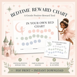 Op de afbeelding: Een beloningskaart voor bedtijd met twee printbare vellen met de tekst IN YOUR OWN BED CHART, rijen gekleurde cirkels voor het bijhouden van voortgang, en illustraties van een fee met een toverstaf en een draak.