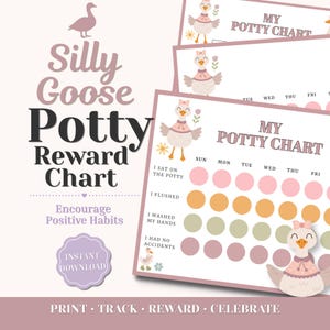 May include: A Silly Goose Potty Reward Chart featuring a cartoon goose, pink, orange, and green circles for tracking progress, and text including My Potty Chart, I Sat On The Potty, I Flushed, I Washed My Hands, and I Had No Accidents.