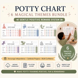 May include: A bundle of six potty training charts with magical themes, including a princess, unicorn, mermaid, dragon, knight, and pirate ship. The charts are designed to encourage independence and celebrate progress. The text reads "Potty Chart" and "6 Magical Themes Bundle."