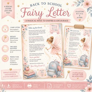 Puede incluir: Una plantilla digital de carta de hadas para el regreso a clases con una ilustración de hada, una mochila y libros. El texto incluye 'Back to School Fairy Letter' y 'A magical note to inspire & encourage' en formato de papel A4.