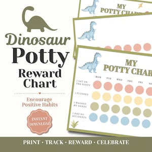 May include: A dinosaur potty reward chart featuring a blue dinosaur illustration, the text "MY POTTY CHART", and rows of colored circles for tracking daily habits like sitting on the potty, flushing, washing hands, and having no accidents.