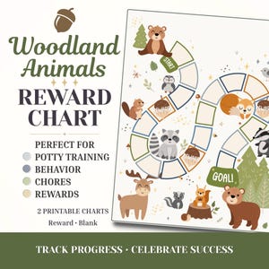 May include: A woodland animals reward chart featuring a winding path with spaces, illustrations of a bear, owl, squirrel, raccoon, deer, and badger, and text including Woodland Animals, Reward Chart, Start, Reward, Goal, and 2 Printable Charts.