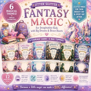May include: A Jitter Glitter Fantasy Magic printable set featuring 6 courage cards and 6 bag toppers with unicorn, mermaid, knight, dragon, fairy, and stardust themes. Includes text, 12 total printables, and instructions for 8.5 inch by 11 inch paper.