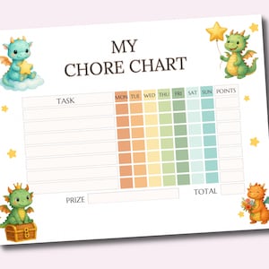 May include: A chore chart titled MY CHORE CHART with a grid for tasks, days of the week, and points. The design features four cartoon dragons in green and orange, with yellow stars, and a rainbow-colored column layout for the days of the week.