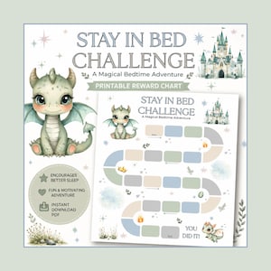 Op de afbeelding: Een printbare beloningskaart met de titel STAY IN BED CHALLENGE A Magical Bedtime Adventure, voorzien van een groene draakillustratie, een kasteel en een kronkelend pad van gekleurde vakjes om de voortgang bij te houden. Inclusief sterren.