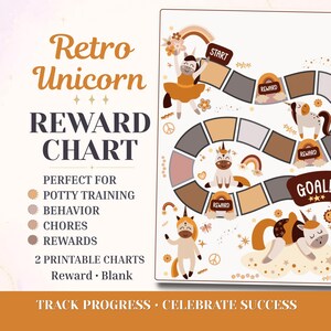 May include: A reward chart featuring the text Retro Unicorn REWARD CHART, PERFECT FOR POTTY TRAINING, BEHAVIOR, CHORES, REWARDS, 2 PRINTABLE CHARTS, Reward, Blank, TRACK PROGRESS, CELEBRATE SUCCESS, and a game board path with unicorns and rainbows.