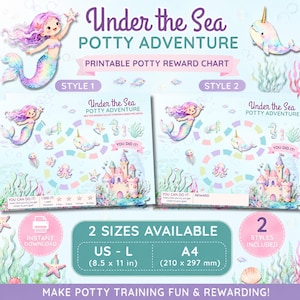 May include: Under the Sea Potty Adventure printable reward chart featuring two styles with mermaids, narwhals, and underwater castles. Includes US Letter 8.5 x 11 inch and A4 210 x 297 mm sizes. The charts display paths with sea creatures and reward markers.