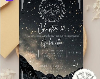 Könnte beinhalten: Eine personalisierte Einladung mit einem Nachthimmel-Hintergrund. Sie zeigt den Text "Chapter 30" und "Gabriella", mit Bergsilhouetten, einem Mond und einer Fledermaus-Grafik. Die Einladung ist für eine Geburtstagsfeier.