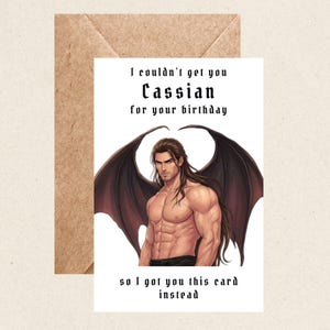 May include: A white greeting card featuring a muscular, long-haired figure with large dark wings. The text reads: I couldn't get you Cassian for your birthday so I got you this card instead. The card is placed against a brown paper envelope.
