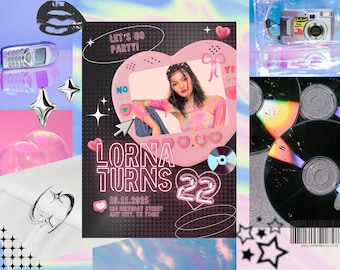 Y2K Birthday Invitation with Photo: Retro 2000s Party (Canva Template - Digital Download)