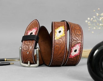 Handmade Tooled Leather Belt | Multicolor Floral Western Design