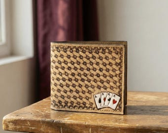 Leather Wallet Hand Tooled Playing Card Design Full Grain Western Bifold Men's Gift
