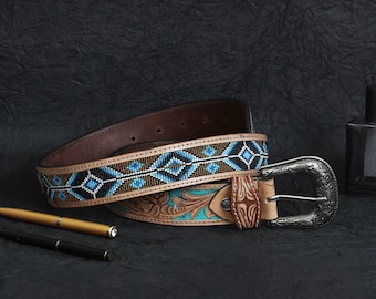 Western Leather Belt – Hand Tooled Turquoise Beaded Inlay