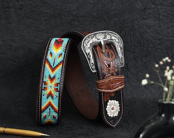 Beaded Leather Belt – Tooled Western Floral Cowgirl and cowboy Style