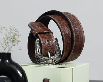 Western-cowgir-pu-leather-belts Vintage-engraved-floral  display picture 3