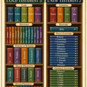May include: A wall chart titled Books of the Bible displaying 66 books organized into Old Testament and New Testament sections. The chart features two wooden bookshelves with colorful book spines labeled with the names of biblical books.