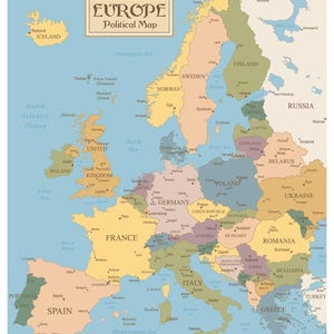 May include: A detailed political map of Europe, featuring countries in various colors against a light blue background. The map includes country names, major cities, and geographical features like seas and oceans. The title "EUROPE Political Map" is displayed prominently.
