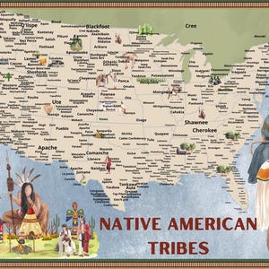 May include: A detailed map of the United States, highlighting Native American tribes. The map is illustrated with figures of Native Americans, teepees, and canoes. The text "NATIVE AMERICAN TRIBES" is displayed in a maroon font.