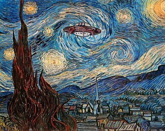 UFO Sighting On A Starry Night Vincent Van Gogh Art Humor Poster 12x18