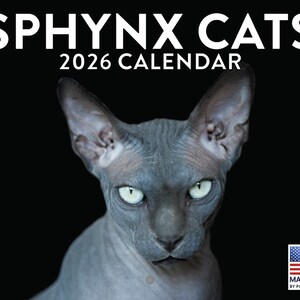 May include: A 2026 calendar featuring a close-up of a Sphynx cat with piercing green eyes against a black background. The calendar title is in white, with the words "SPHYNX CATS" above "2026 CALENDAR". The image includes a "Made in USA" logo.