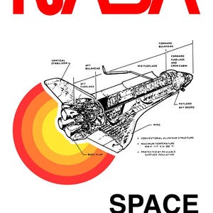 May include: A diagram of the NASA Space Shuttle, featuring a detailed illustration of the spacecraft's components. The NASA logo is in red at the top, with the words "SPACE SHUTTLE" below. A colorful graphic of a fiery blast is on the left.