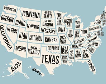 USA United States Map States With Text Names Decorative Poster 18x12