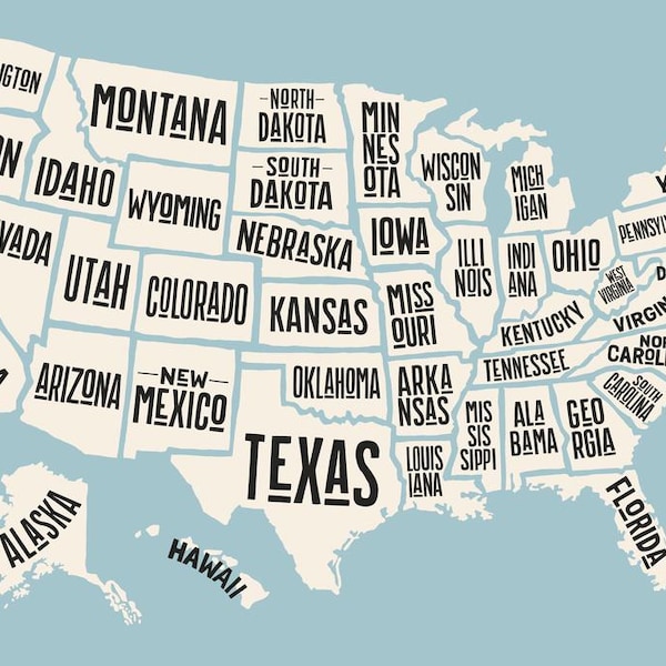 USA United States Map States With Text Names Decorative Poster 18x12