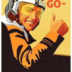 May include: Vintage-style poster with a pilot wearing a helmet and goggles, giving a thumbs-up. The poster has the words "LET'S GO-" and "WINGS for VICTORY" in bold yellow text against a yellow background.
